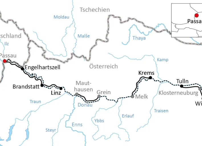 Karte zur Reise mit Rad und Schiff auf der Donau