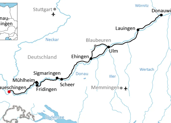 Karte zum Radwandern an der oberen Donau