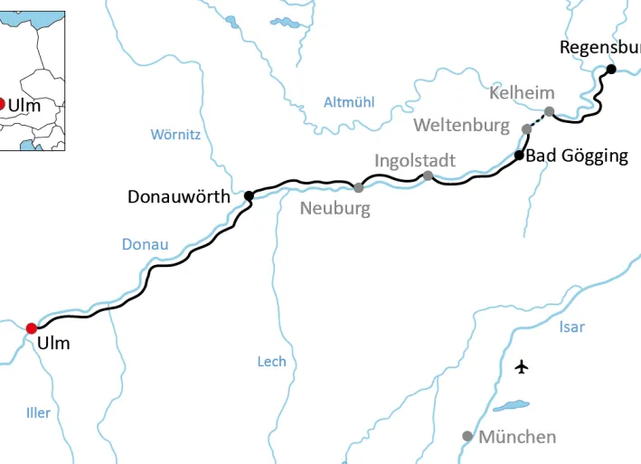 Karte zur sportlichen Radtour von Ulm nach Regensburg