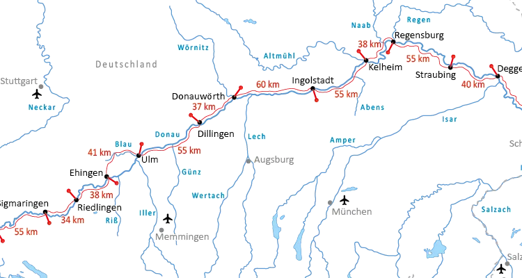 Entfernungen am Donau-Radweg zwischen Donaueschingen und Passau